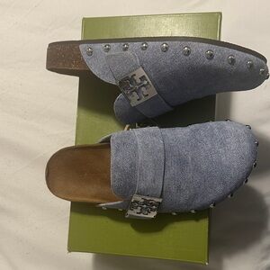 Tory Burch Light Blue Denim Mules with Silver Accents